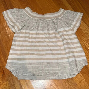 VINEYARD VINES Off the Shoulder Tan & White Striped Linen Cotton Blend Shirt S